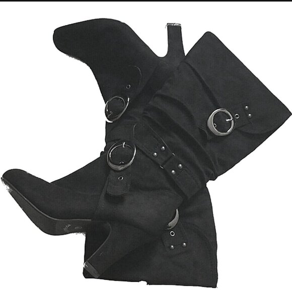 Metallic Studs Edgy Dual Buckles Slouch Knee High Suede Boot w/Silver Hardware - Picture 2 of 8